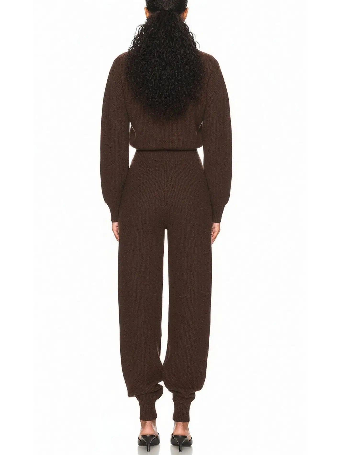 Brown Ribbed Knit Button-Front Jumpsuit - Suits & Sets