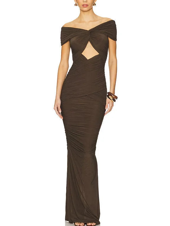Brown Ruched Jersey Cut Out Maxi Dress Dresses