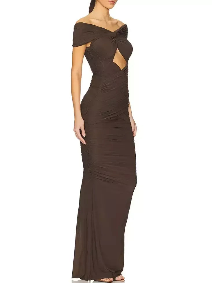 Brown Ruched Jersey Cut Out Maxi Dress Dresses