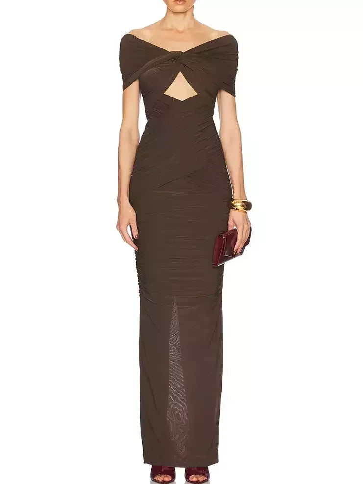 Brown Ruched Jersey Cut Out Maxi Dress Dresses