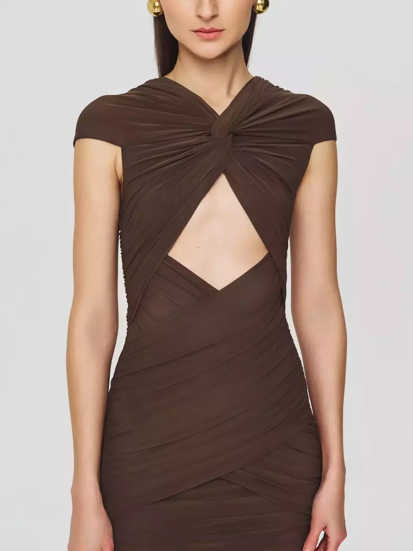 Brown Ruched Jersey Cut Out Maxi Dress Dresses