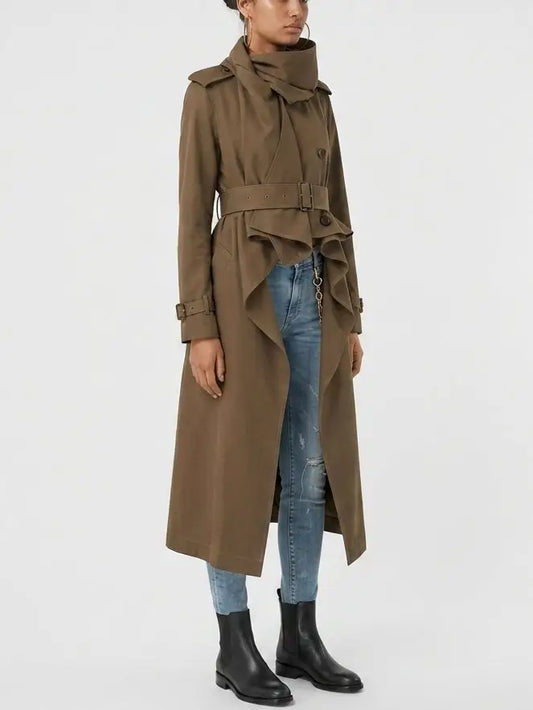Brown Silk Hi-Low Trench Coat with Scarf - Coats