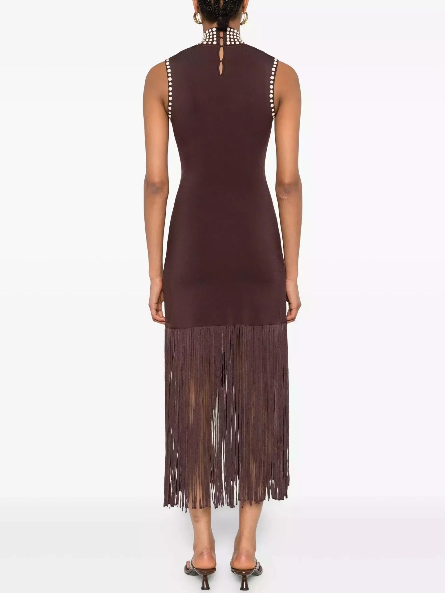 Brown Stretch Knit Beaded Trim Fringed Dress Dresses