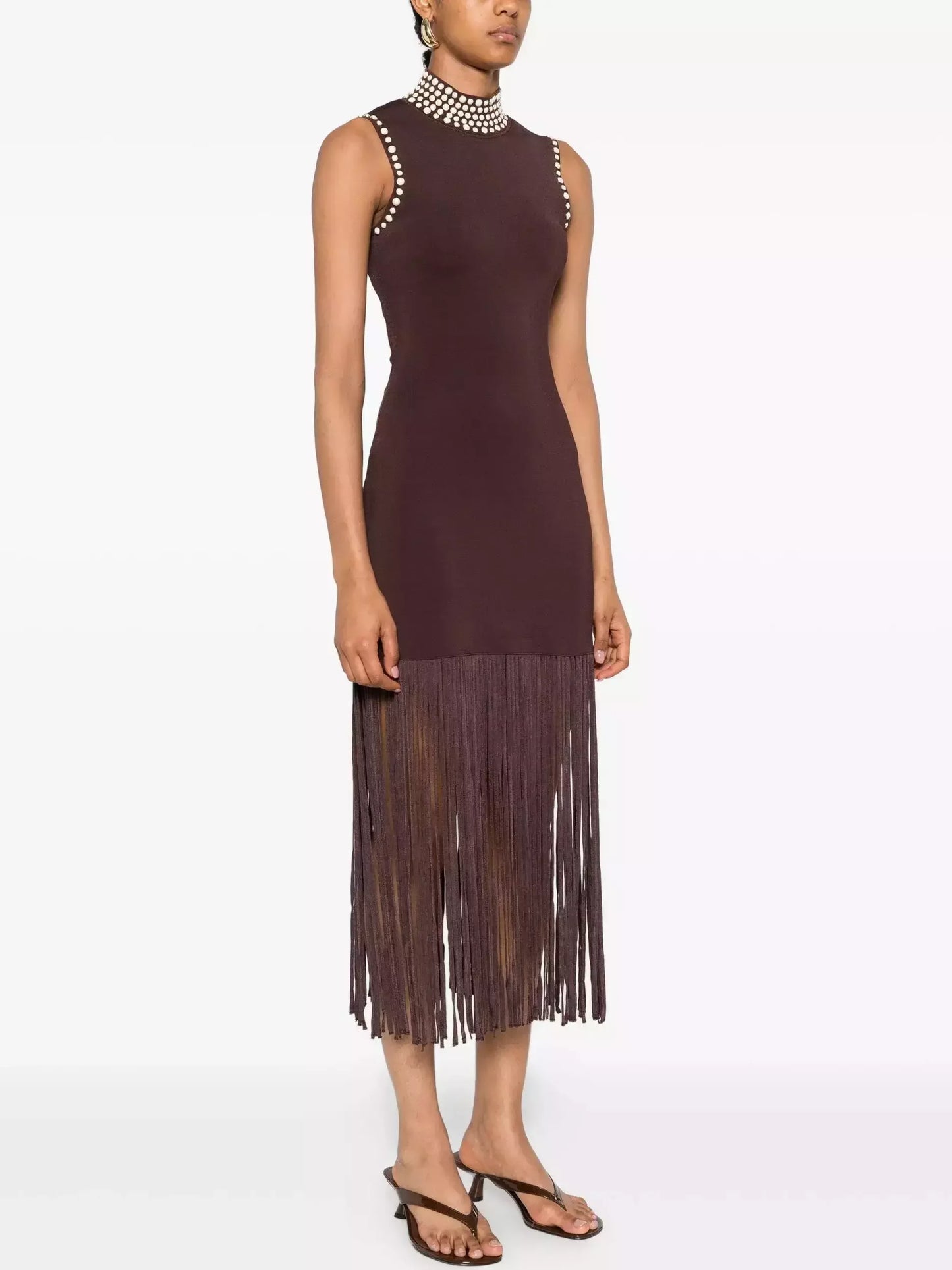 Brown Stretch Knit Beaded Trim Fringed Dress Dresses