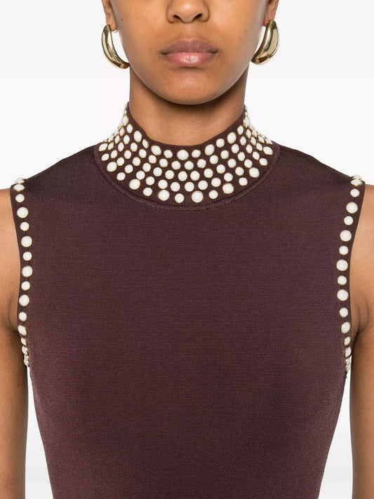 Brown Stretch Knit Beaded Trim Fringed Dress Dresses