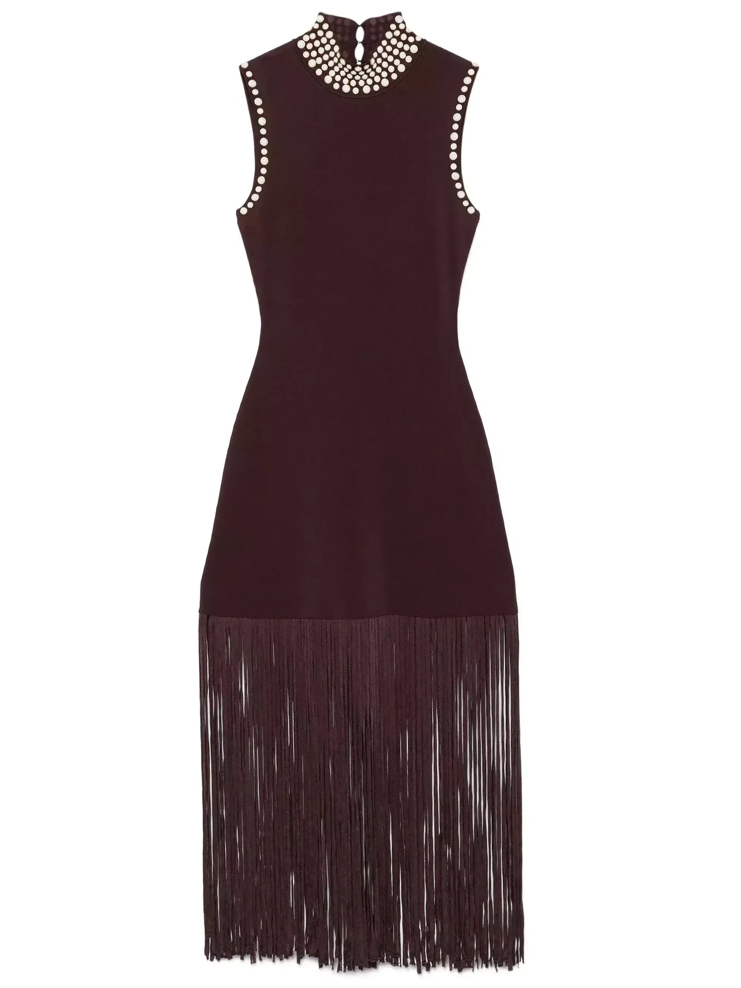 Brown Stretch Knit Beaded Trim Fringed Dress Dresses