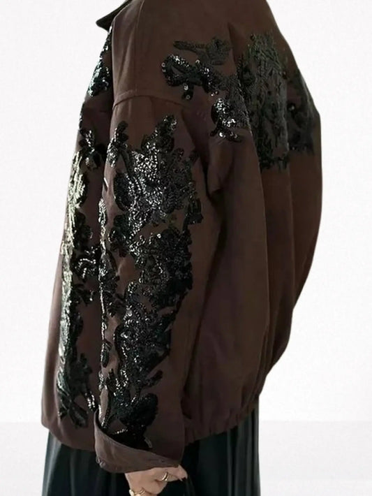 Brown Suede Jacket with Black Sequin Embroidery - Jackets