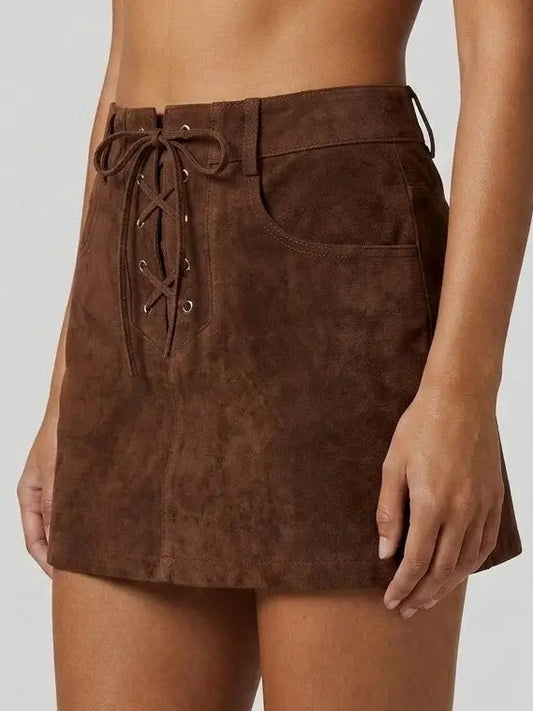 Brown Suede Lace-Up Mini Skirt - Skirts