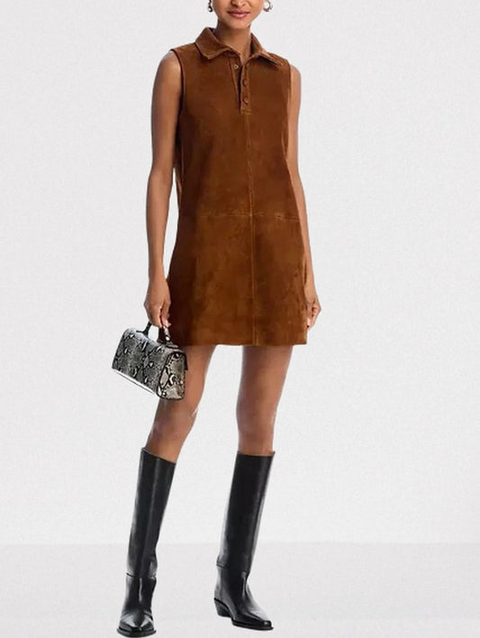 Brown Suede Sleeveless Mini Shift Dress Dresses