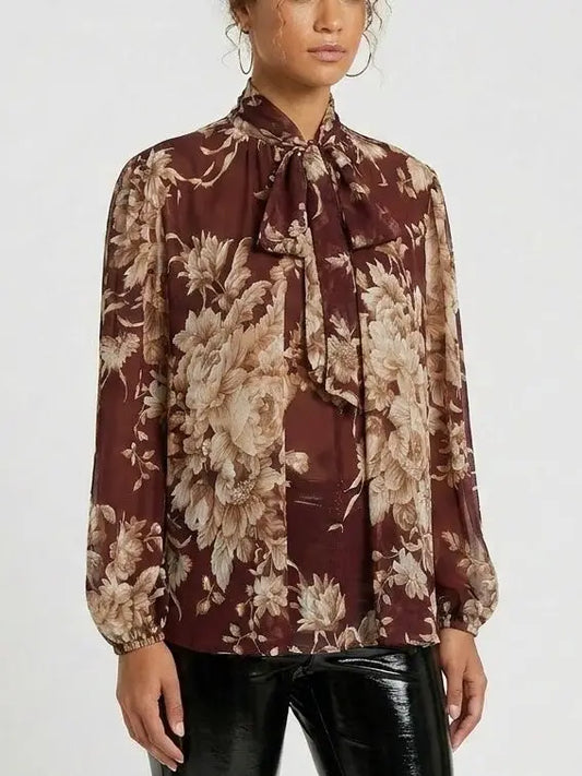 Burgundy Floral Tie Neck Silk Blouse - Tops