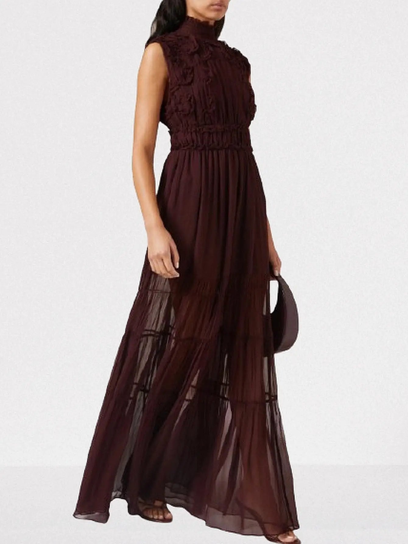 Burgundy Smocked Sleeveless Tiered Gown - Dresses
