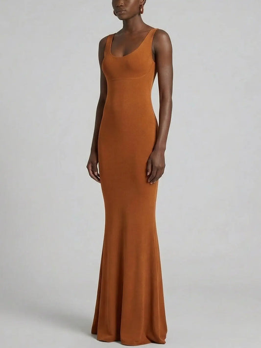 Burnt Orange Stretch Knit Maxi Dress - Dresses