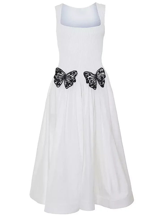 Butterfly Appliqued Knit White Fit & Flare Dress - Dresses