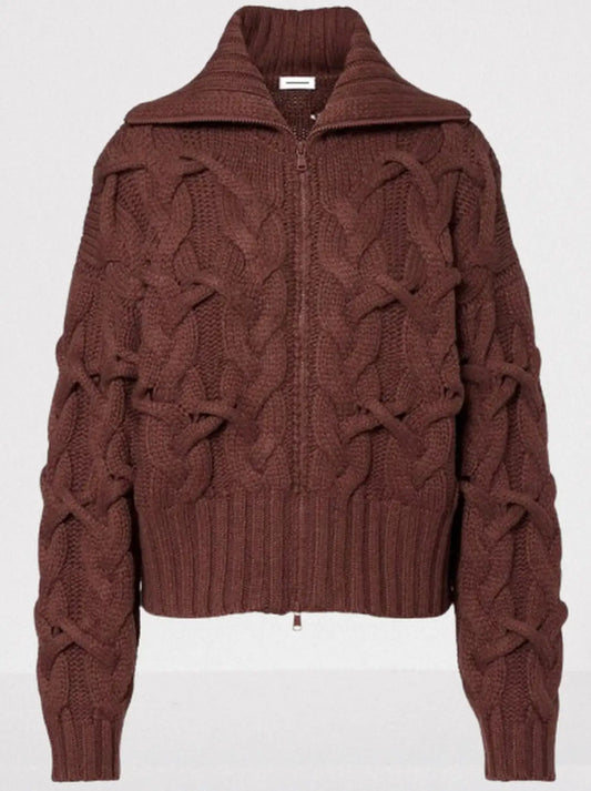 Cable-Knit Zip-Front Cardigan in Chocolate Brown - Sweaters & Knitwear