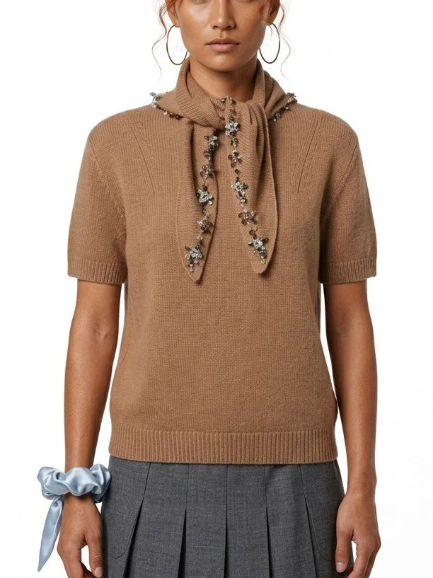 Camel Brown Cashmere Sweater with Crystal Tie Scarf - Sweaters & Knitwear
