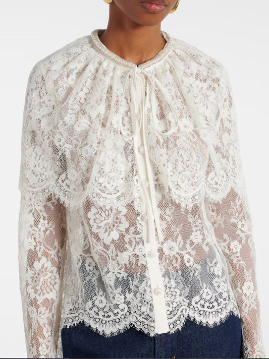 Cape-Effect White Lace Blouse - Tops