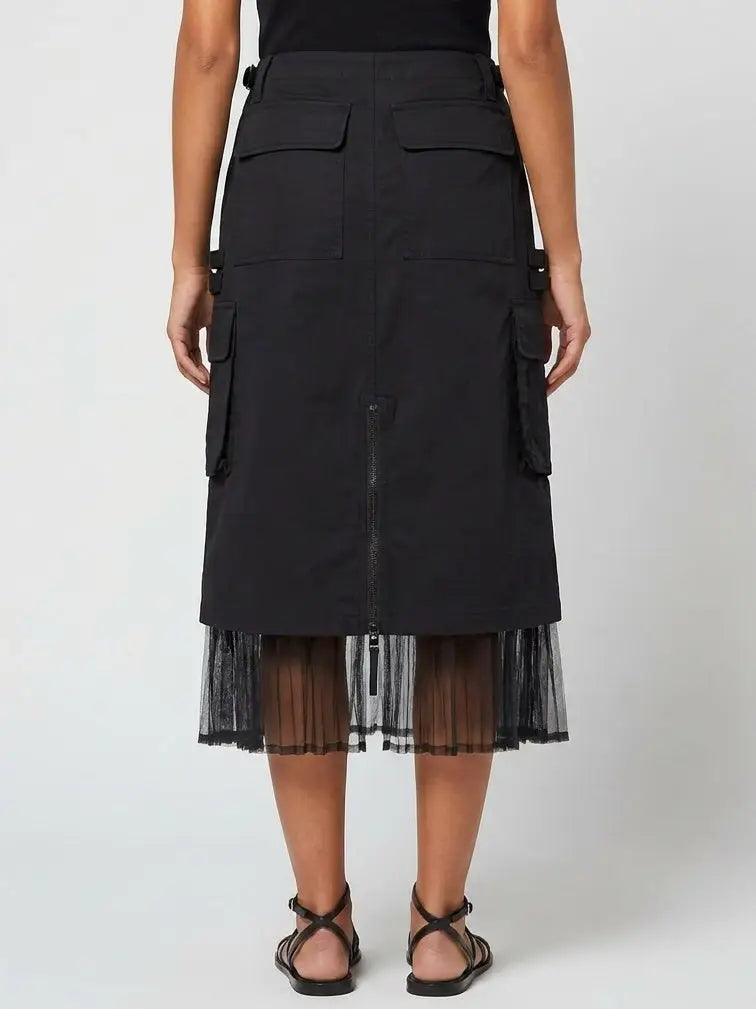 Cargo Zip Midi Skirt with Sheer Tulle Hem - Skirts