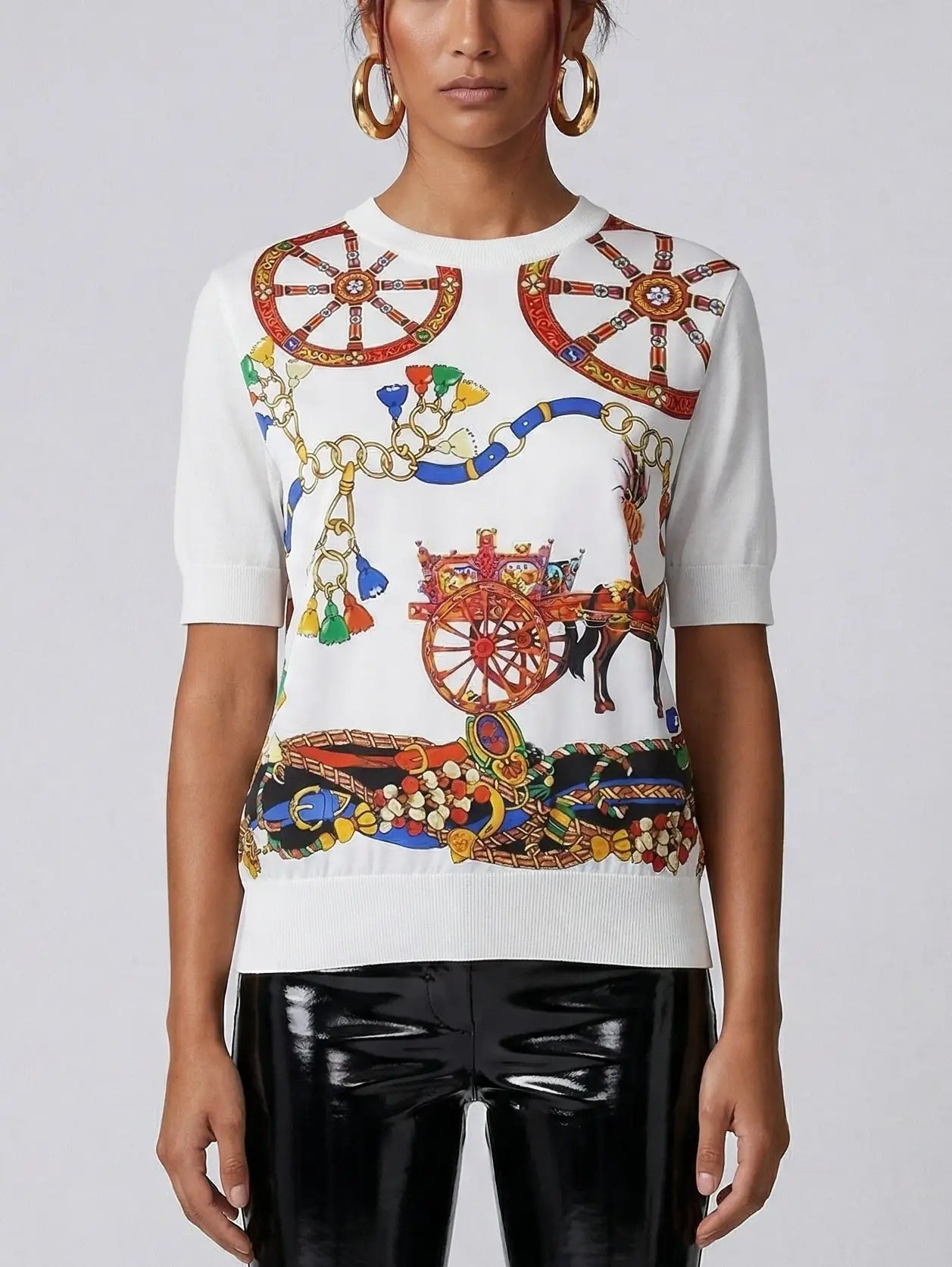 Carriage Print Silk and Wool Knit Top - S / White - Tops