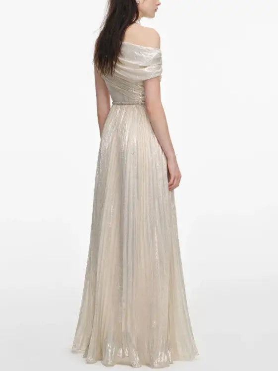 Champagne One-Shoulder Metallic Pleated Evening Gown - Dresses