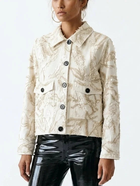 Champagne Textured Sequin Embroidered Jacket - Jackets