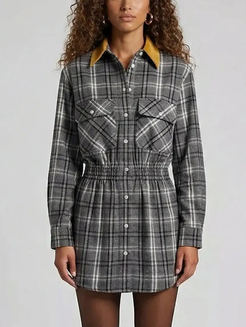 Check Mini Shirt Dress with Contrast Collar - Dresses