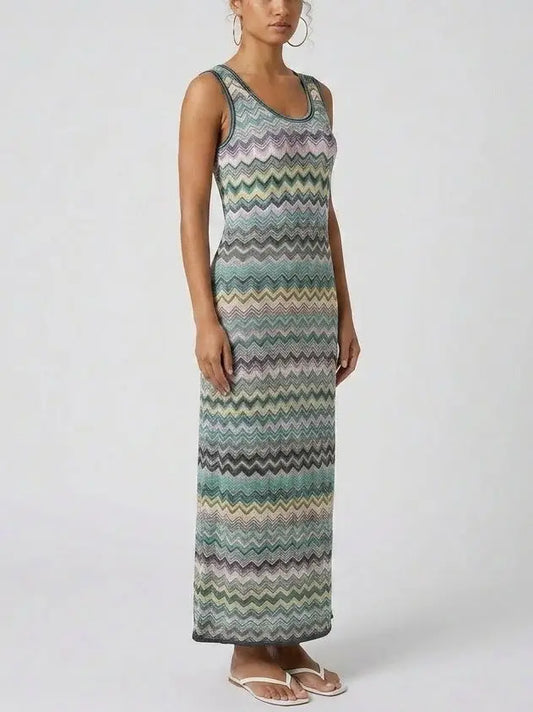 Chevron Knit Sleeveless Maxi Dress - Dresses