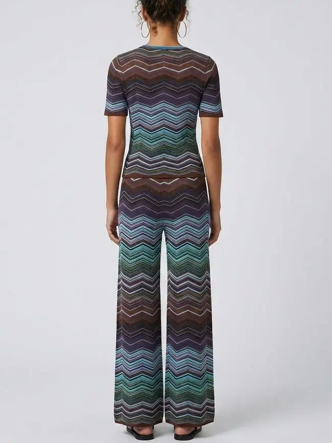 Chevron Knit V-Neck Top and Wide-Leg Pant Set - Suits & Sets