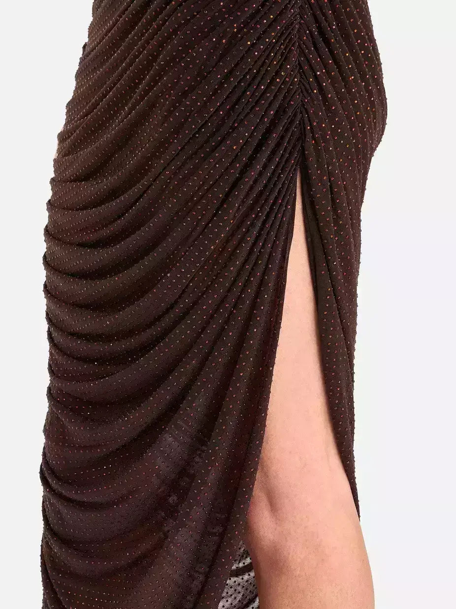 Chocolate Brown Crystal-Embellished Ruched Midi Dress - Dresses