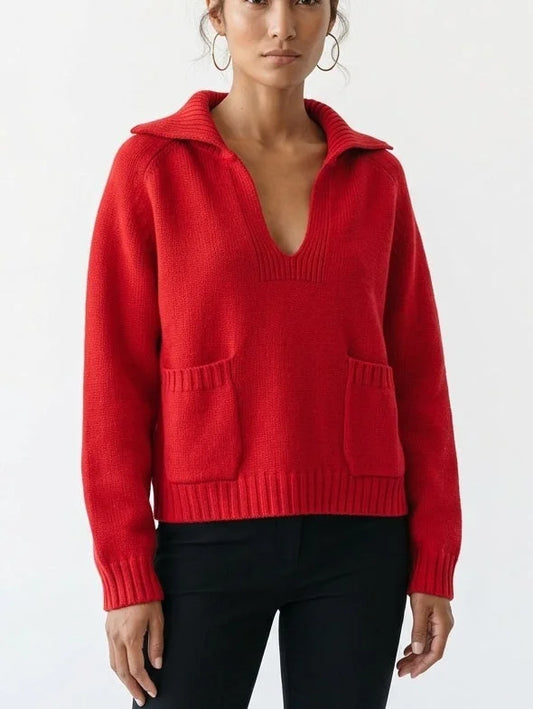 Collared Split V-Neck Wool Sweater - Sweaters & Knitwear