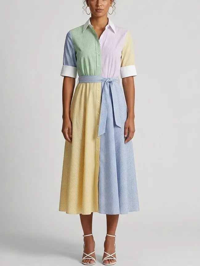 multi coloured striped shirt dress Girls Color Blocked Floral Striped Shirt Dress