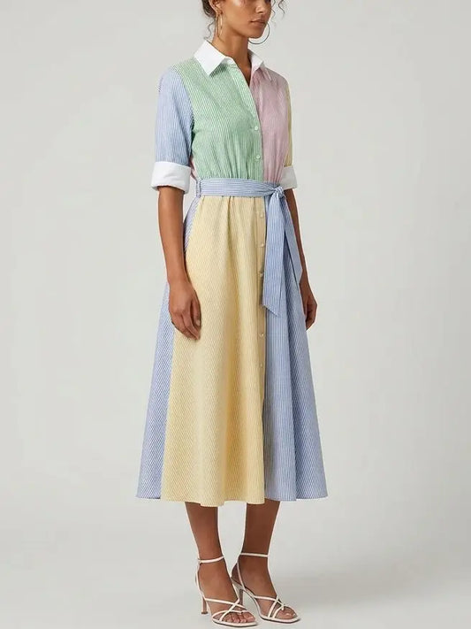Color-Block Striped Button-Front Midi Shirt Dress - Dresses