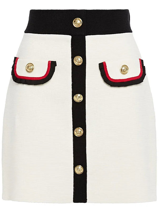 Color-Contrast Knit Mini Skirt with Buttons - Skirts