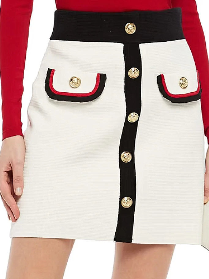 Color-Contrast Knit Mini Skirt with Buttons - Skirts