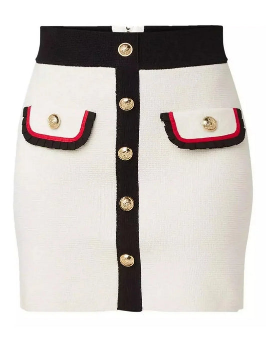 Color-Contrast Knit Mini Skirt with Buttons - Skirts