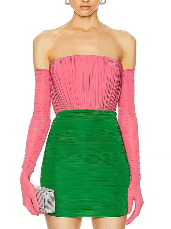 Color-Contrast Strapless Ruched Mini Dress with Long Gloves