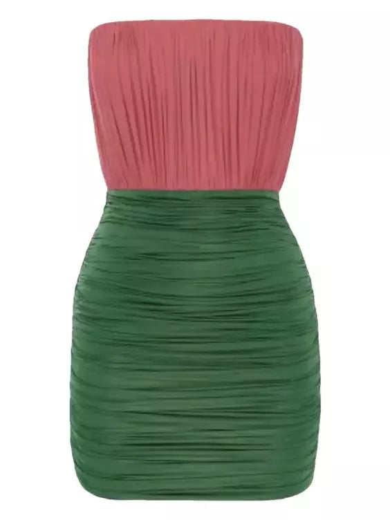 Color-Contrast Strapless Ruched Mini Dress with Long Gloves