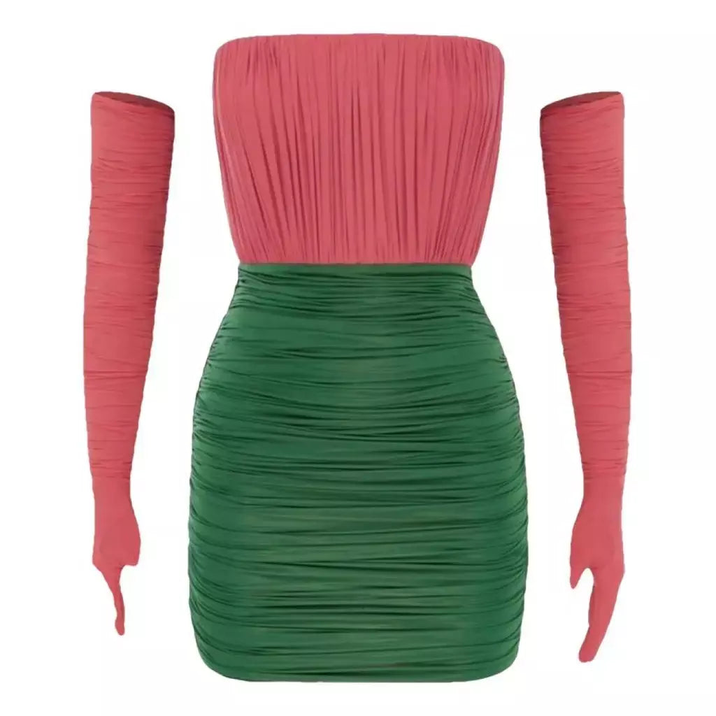 Color-Contrast Strapless Ruched Mini Dress with Long Gloves