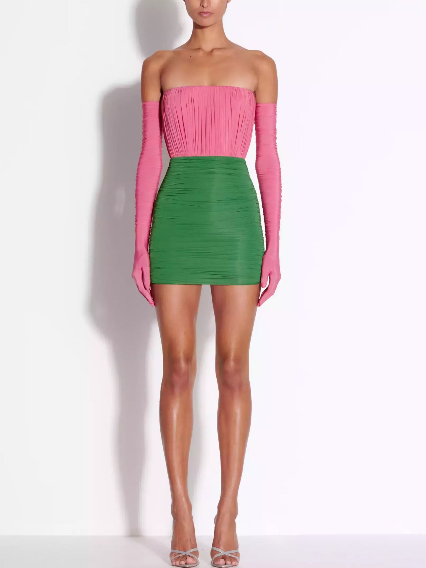 Color-Contrast Strapless Ruched Mini Dress with Long Gloves