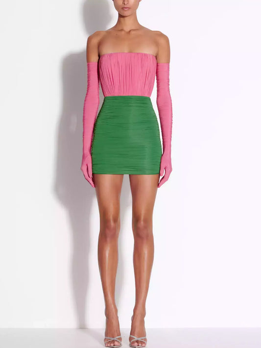 Color-Contrast Strapless Ruched Mini Dress with Long Gloves - Dresses
