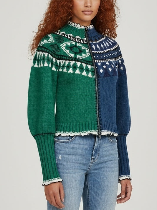 Contrast Fair Isle Zip-Front Sweater - Sweaters & Knitwear