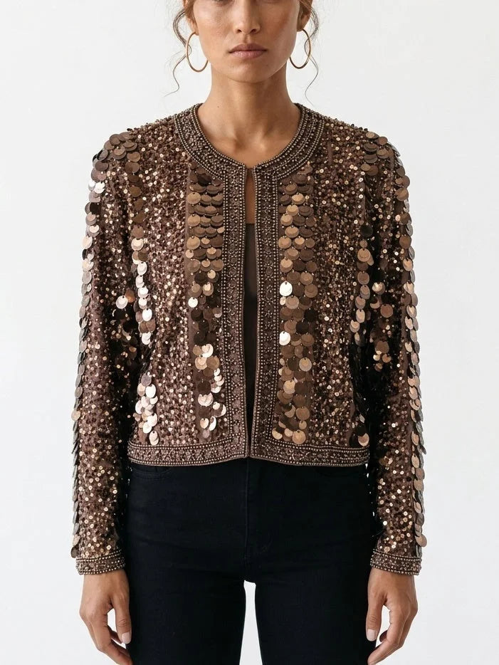 Copper Sequin Embellished Cropped Jacket - Jackets