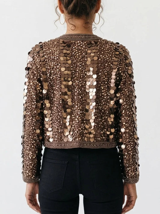 Copper Sequin Embellished Cropped Jacket - Jackets