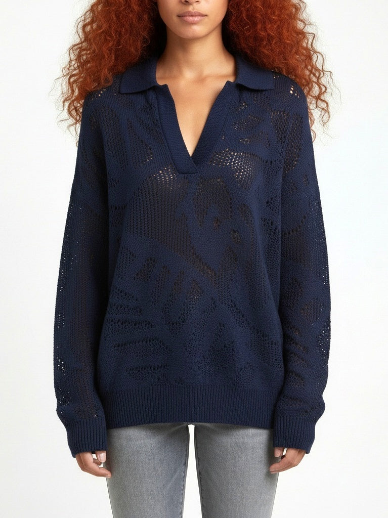 Cotton Open-Knit Collared Sweater - Small / Navy - Sweaters & Knitwear
