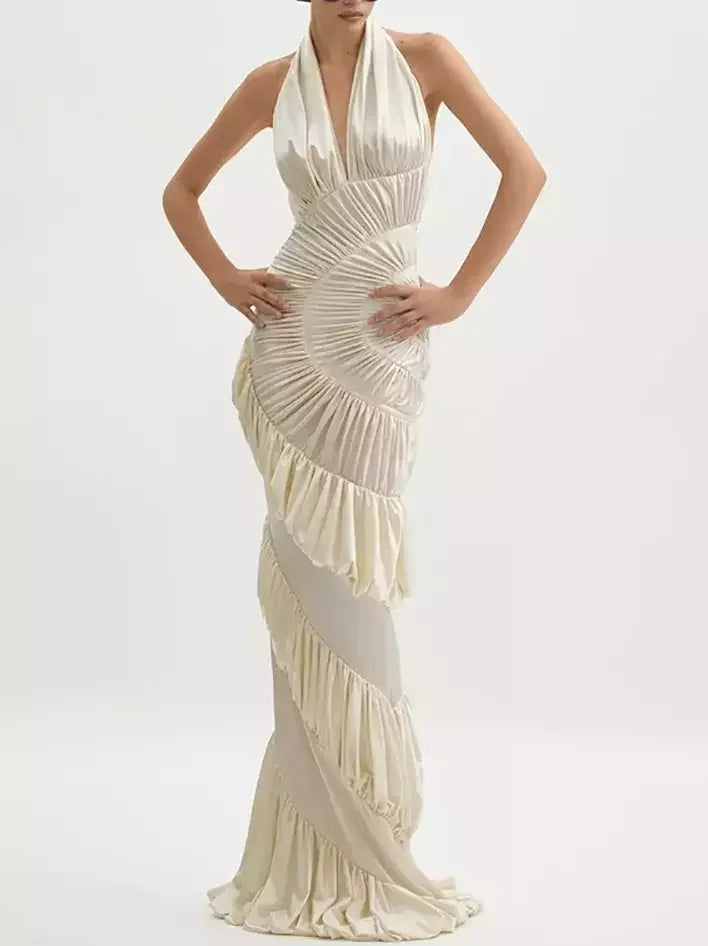 Cream Halterneck Paneled Ruched Maxi Dress Small Dresses