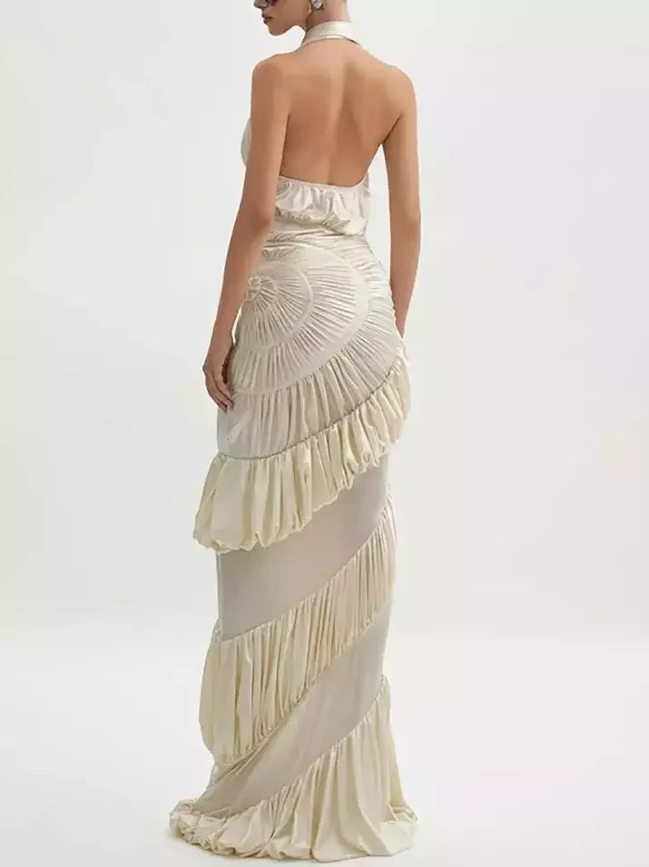 Cream Halterneck Paneled Ruched Maxi Dress Dresses