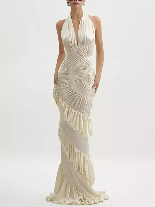 Cream Halterneck Paneled Ruched Maxi Dress Dresses