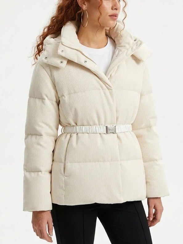 Cream Ribbed Hooded Belted Down Puffer Jacket - Jackets