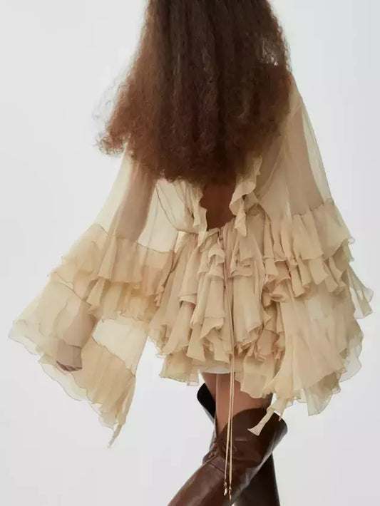 Crepe Ruffle Tiered Backless Mini Dress - Dresses