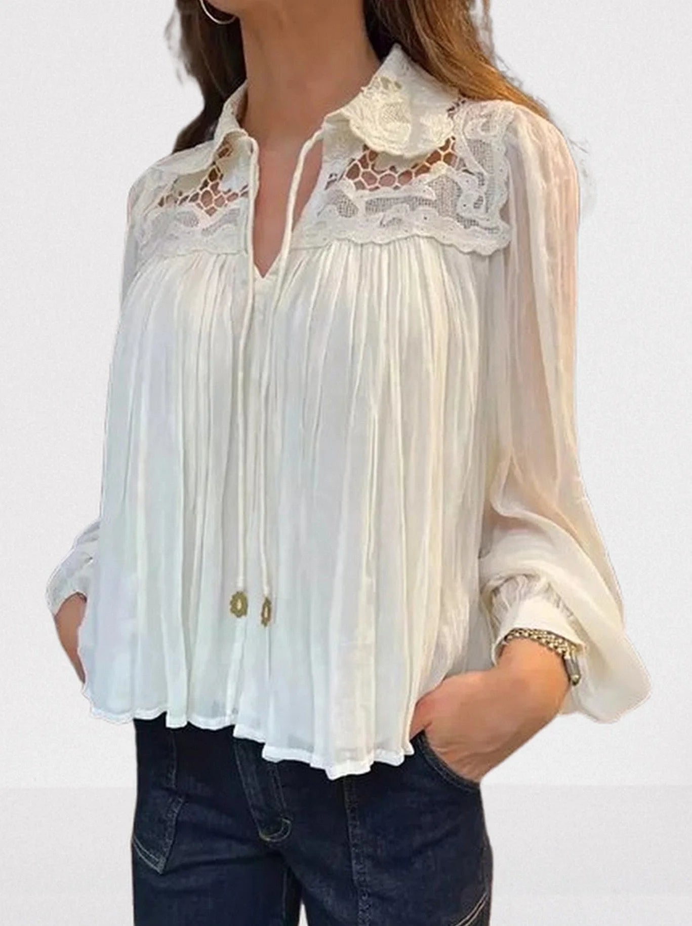 Crinkle Pleated Lace Tie-Collar Blouse - Small - Tops