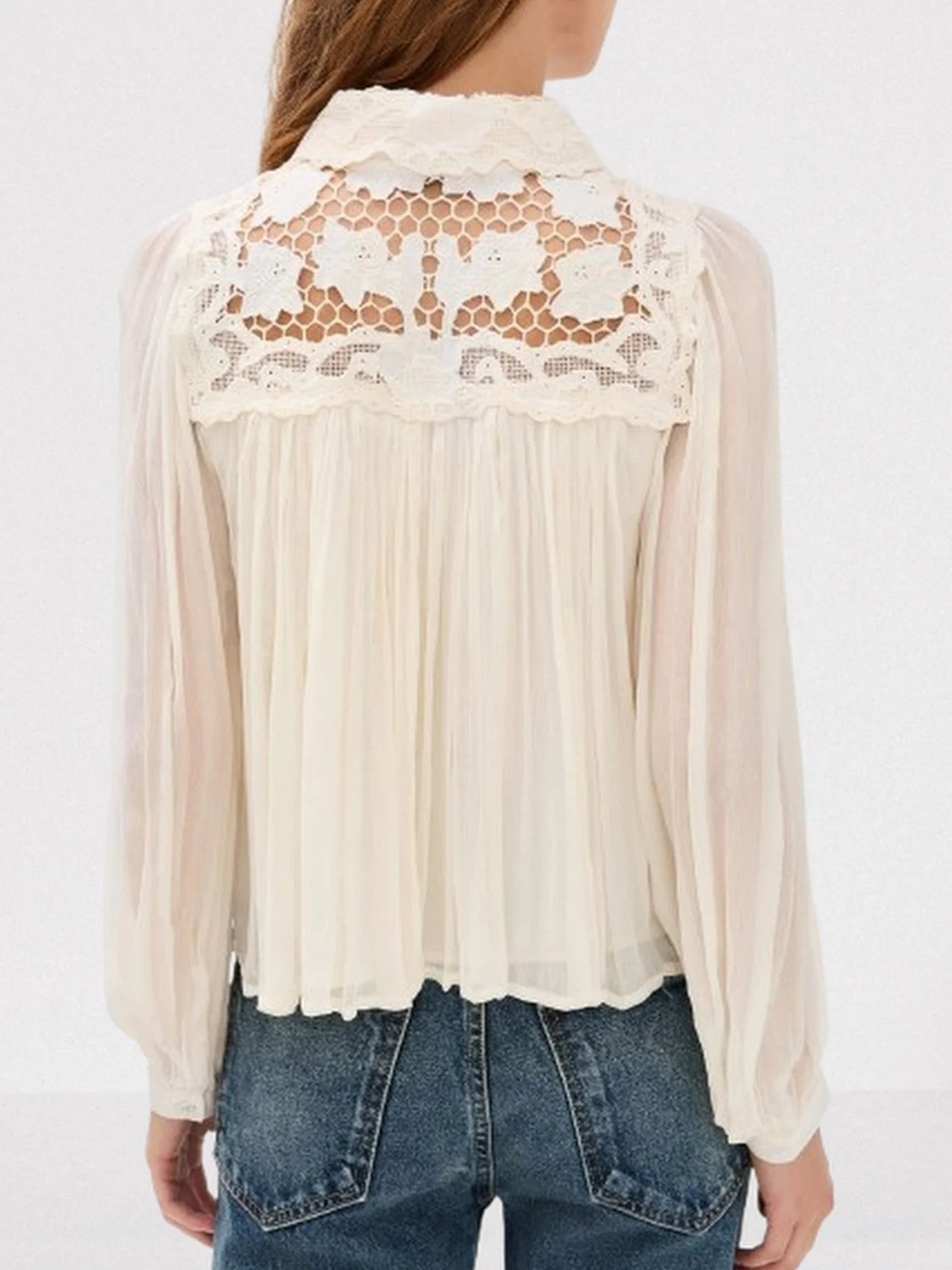 Crinkle Pleated Lace Tie-Collar Blouse - Tops